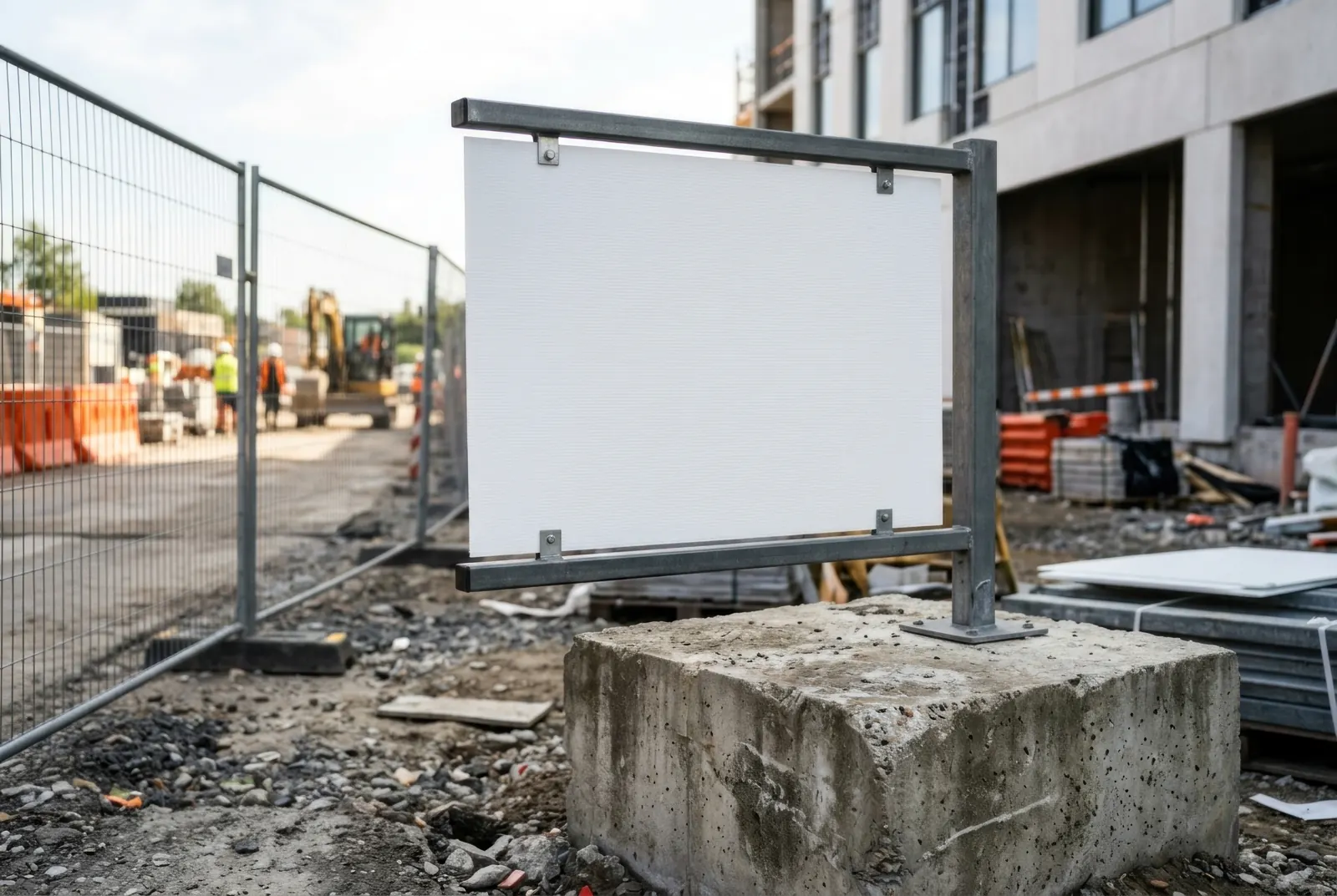 Bauschild mit Logos auf einer Baustelle